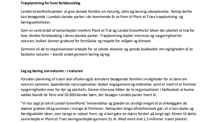 Landal GreenParks og Plant et Træ indgår flerårigt samarbejde