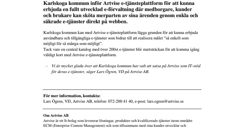 Karlskoga kommun har valt Artvise e-tjänsteplattform!