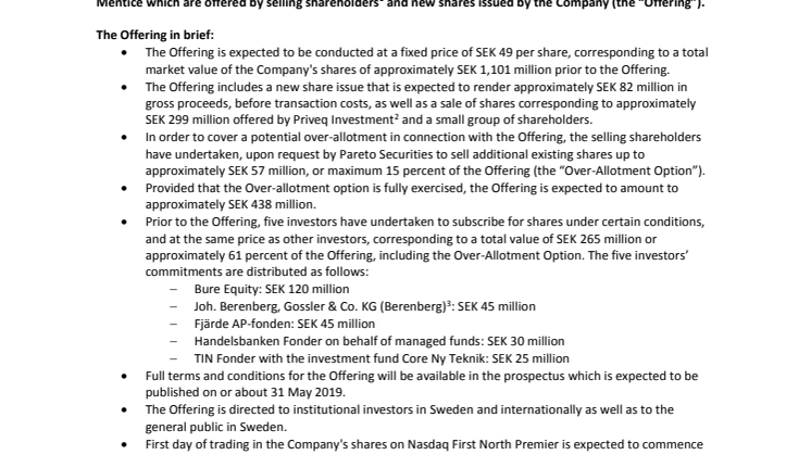 Mentice announces its intention to list its shares on Nasdaq First North Premier