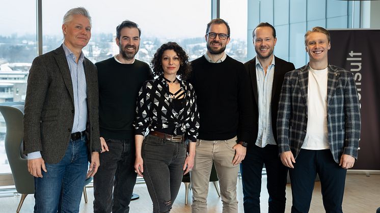 Digitalt samarbeid: Geir Juterud (Multiconsult), Stian Østvoll Ingvaldsen (Multiconsult), Angie Mendez (A-lab), Gøran Hansen (Multiconsult), Håvard Vasshaug (Anker) og Adrian Sørbyskogen (Anker).  Foto: Jimmy Moen/Flammekaster AS