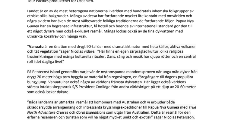 Mytiska söderhavsnationer nyhet i Tour Pacifics utbud