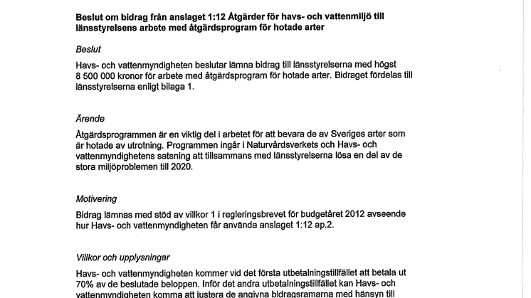 Beslut om bidrag till åtgärdsprogram för hotade arter