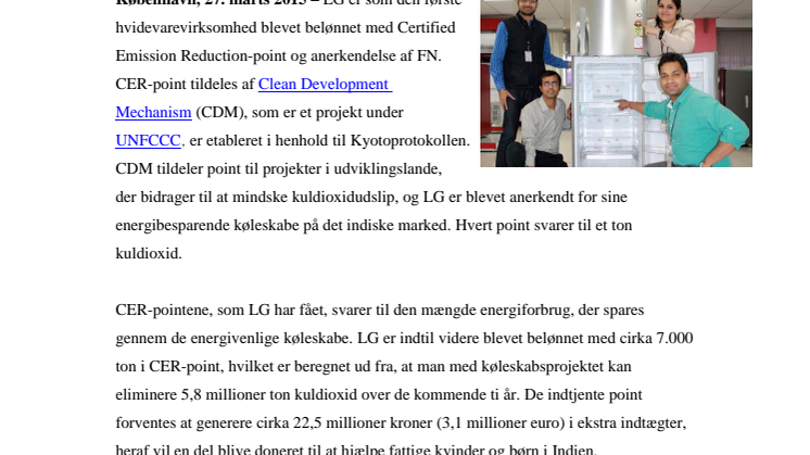 LG ANERKENDES AF FN FOR SIT ARBEJDE MED AT MINDSKE KULDIOXIDUDSLIP