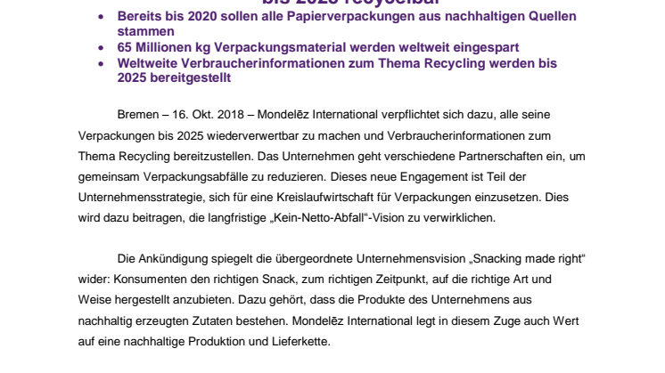 Alle Mondelēz International Verpackungen werden bis 2025 recycelbar