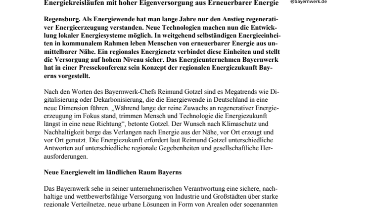 Neue Energie für Bayern – Bayernwerk sieht Energiezukunft in lokalen Energiekreisläufen mit hoher Eigenversorgung aus Erneuerbarer Energie