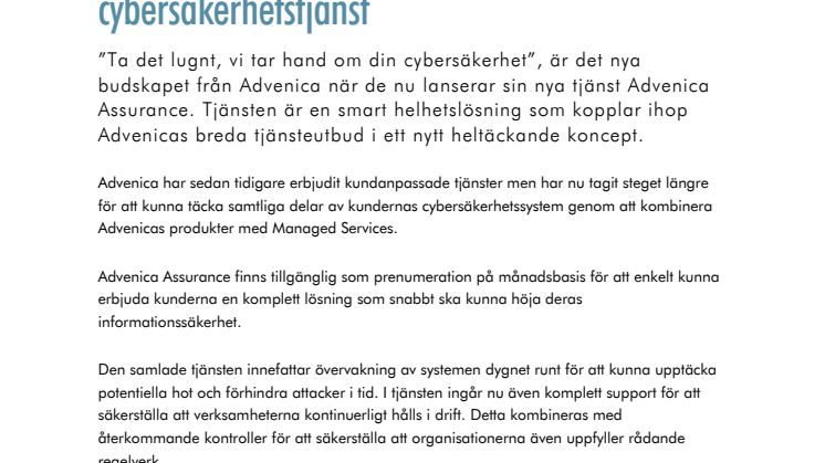 Advenica lanserar smart heltäckande cybersäkerhetstjänst