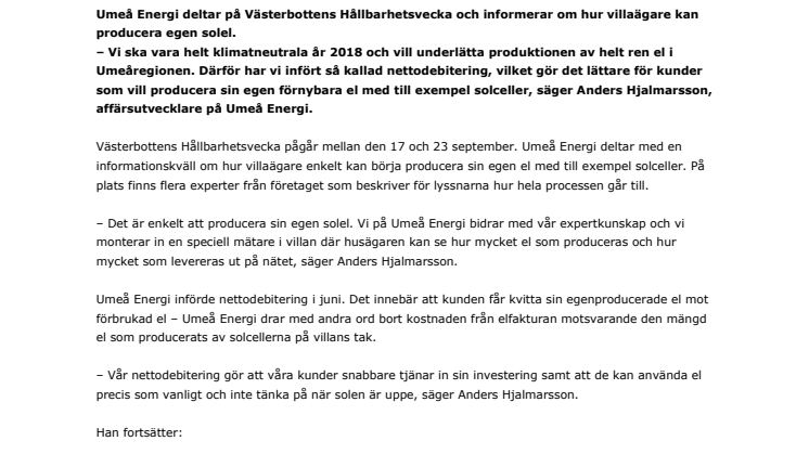 Umeå Energi inspirerar till produktion av solel på Hållbarhetsveckan