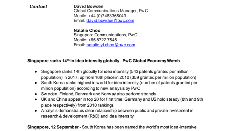 Singapore ranks 14th in idea intensity globally - PwC Global Economy Watch