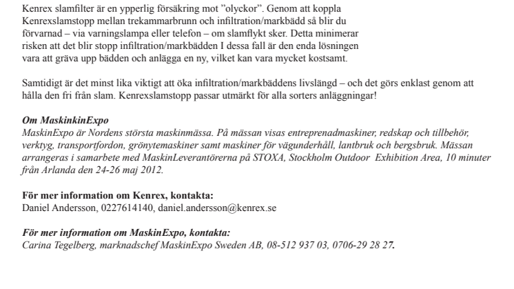 Olycksförsäkring med Kenrex slamfilter på MaskinExpo 