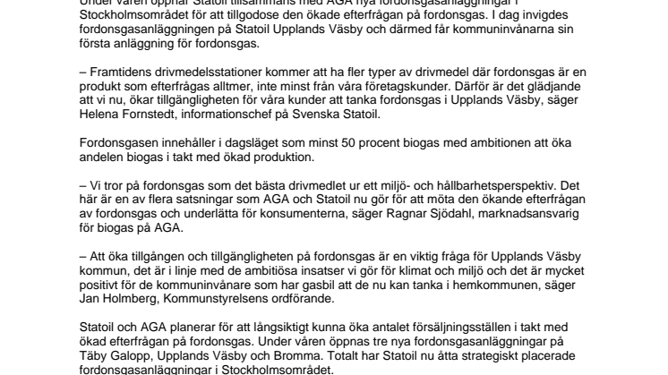 Statoil inviger Upplands Väsbys första fordonsgasanläggning 
