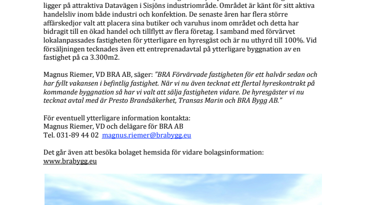 BRA Koncernen säljer fastighet i Sisjöns industriområde, Göteborg