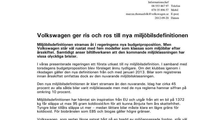 Volkswagen ser möjligheter med ny miljöbilsdefinition