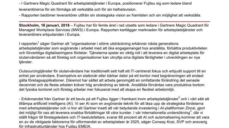 Gartner utser Fujitsu som ledare för femte året i rad inom arbetsplatstjänster