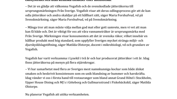 Svenskodlade jätteräkor från Vegafish märks med Från Sverige 