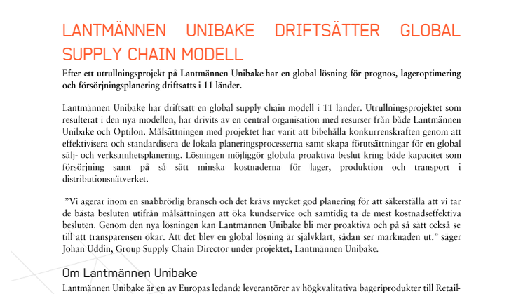 Lantmännen Unibake driftsätter global supply chain modell