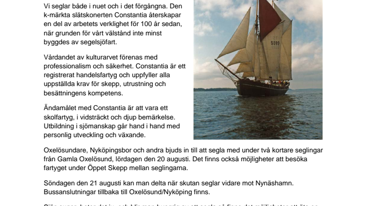 Segelfartyget Constantia kommer till Oxelösund i sommar