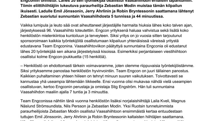 Engcon panosti työterveyteen onnistuneesti – Team Engcon menestyi tämän vuoden Vaasahiihdossa