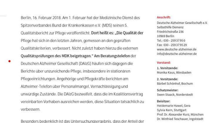 Pflege-Qualitätsbericht des MDS – Vorhaben im Koalitionsvertrag reichen aus Sicht der DAlzG nicht aus