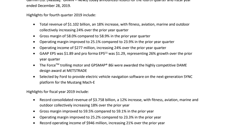 Garmin verkündet Rekordjahr 2019 