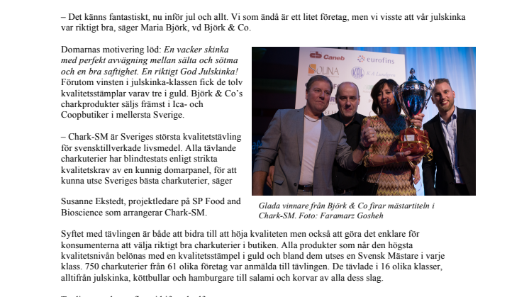 Sveriges bästa julskinka utsedd i Chark-SM – tillverkas av Björk & Co från Färila 