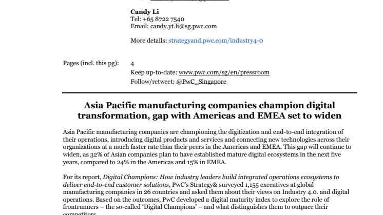 Asia Pacific manufacturing companies champion digital transformation, gap with Americas and EMEA set to widen
