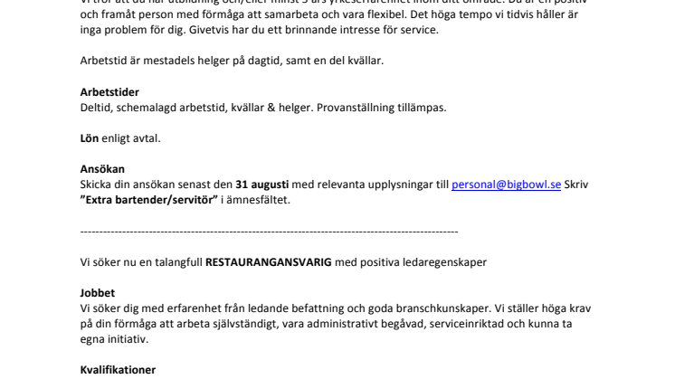 Lediga jobb på Big Bowl i Malmö
