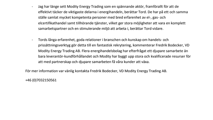 Modity rekryterar Tord Rixborn som chef för försäljningen av tjänster och produkter inom el och gas