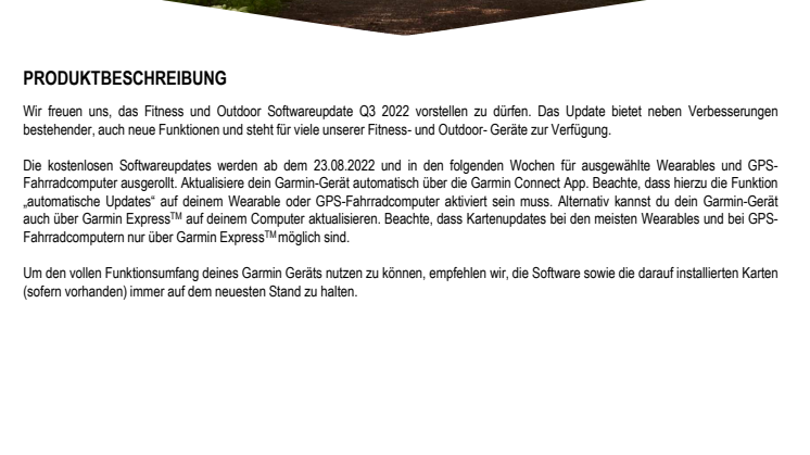 Datenblatt Garmin Softwareupdate Q3/2022