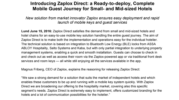 Introducing Zaplox Direct: a Ready-to-deploy, Complete Mobile Guest Journey for Small- and Mid-sized Hotels
