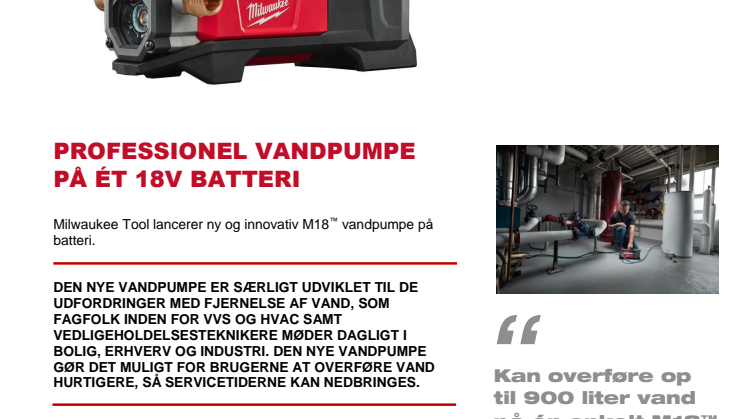 PROFESSIONEL VANDPUMPE PÅ ÉT 18V BATTERI 