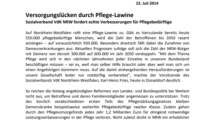 Versorgungslücken durch Pflege-Lawine: VdK NRW fordert echte Verbesserungen für Pflegebedürftige