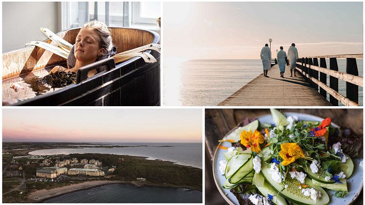Tangbad på Varbergs Kusthotell som ligger i strandkanten på Kåsa Strand. Foto: Varberg Kunsthotell. Isbading i Falkenberg. Foto: Falkenberg Strandbad. Grønnsaksrett på Stedsans. Foto: Anders Husa