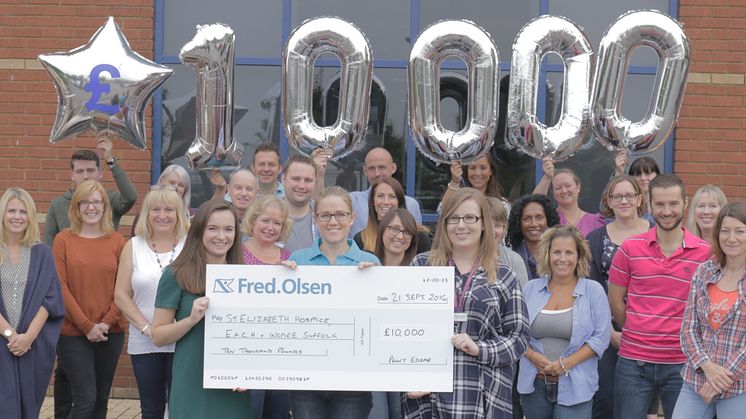 Staff at Fred. Olsen’s Head Office in Ipswich host a charity ‘Dress Down Day’ and present Inspire Suffolk, St. Elizabeth Hospice and East Anglia’s Children’s Hospice’s  with their ‘Charity Ball’ cheque for £10,000!
