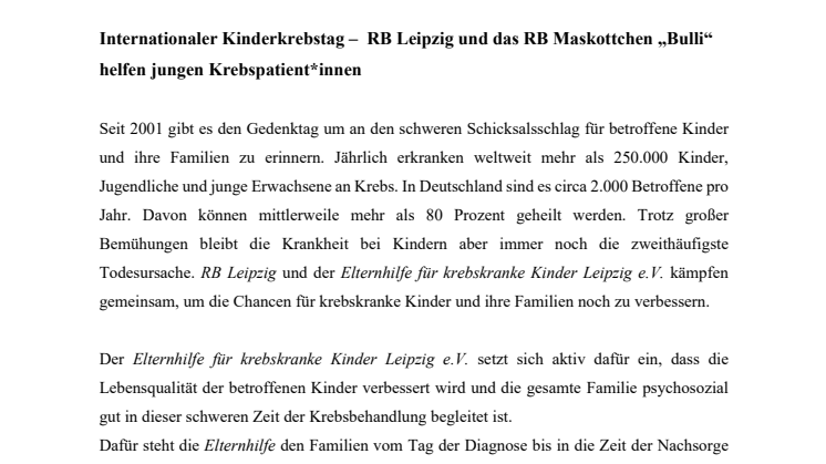 Internationaler Kinderkrebstag –  RB Leipzig und das RB Maskottchen „Bulli“ helfen jungen Krebspatient*innen