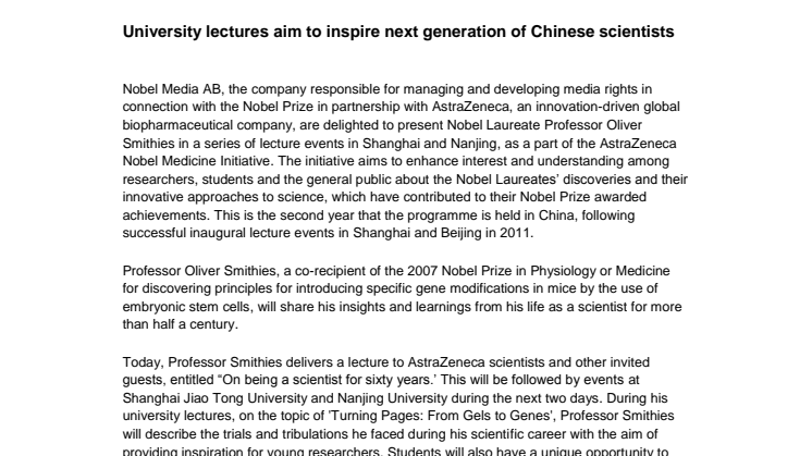 Nobel Media and AstraZeneca Present Nobel Laureate on China Lecture Tour 