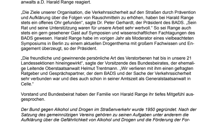  BADS trauert um Generalbundesanwalt a.D. Harald Range