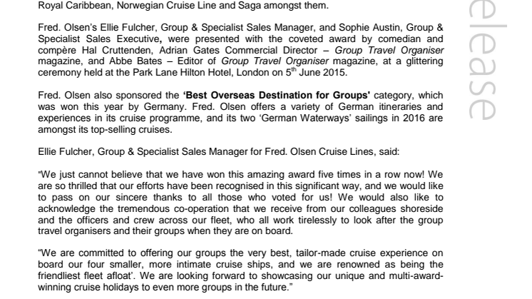 Fred. Olsen Cruise Lines receives top cruise accolade in the ‘2015 Group Travel Awards’, for a record fifth year in a row! 
