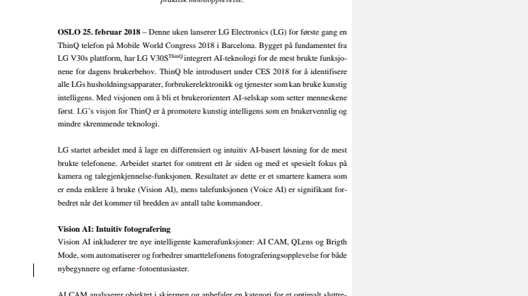 MED LG V30'S ThinQ LANSERES NYE INTEGRERTE AI-FUNKSJONER PÅ MWC 2018 
