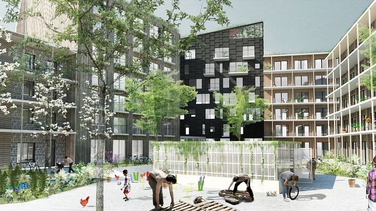 Visionsbild, gårdsperspektiv över Diligentias Woodhouse Rosendal, Uppsala