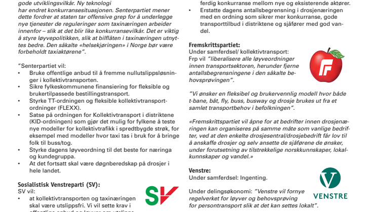 Dette sier partiene om drosjer i sine programmer 2017-21