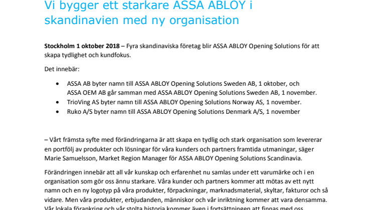 Vi bygger ett starkare ASSA ABLOY i Skandinavien med ny organisation