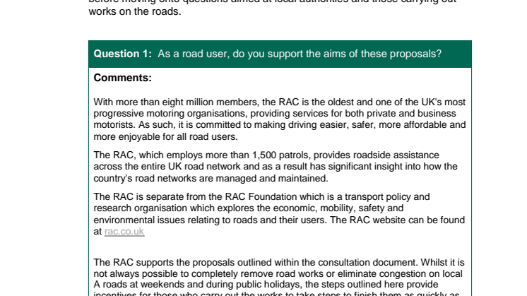 RAC response to DfT consultation on reducing roadwork disruption on local ‘A’ roads