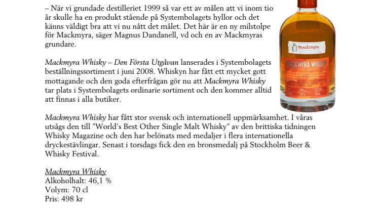 För första gången finns svensk whisky i alla Systembolagets butiker