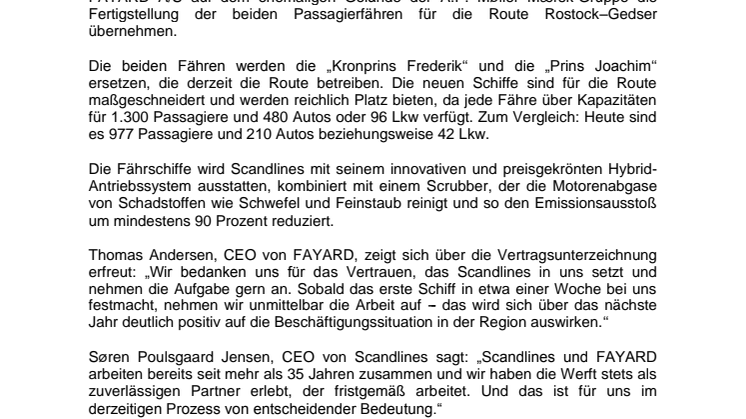 Scandlines und die Werft FAYARD unterzeichnen Vertrag