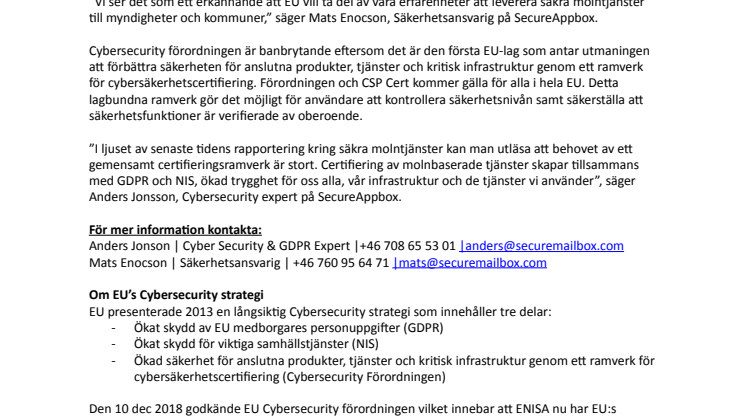SecureAppbox blir första svenska företag att ingå i EU:s arbetsutskott för utformning av nytt regelverk kring molnsäkerhet