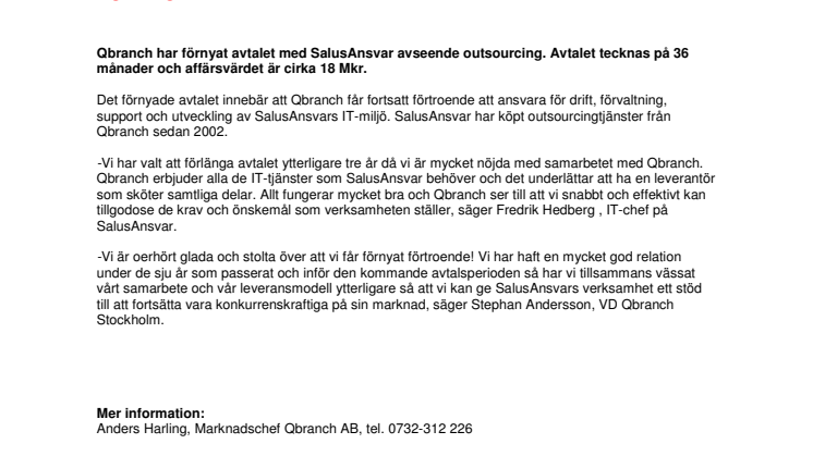 SALUSANSVAR GER QBRANCH FORTSATT OUTSOURCINGFÖRTROENDE
