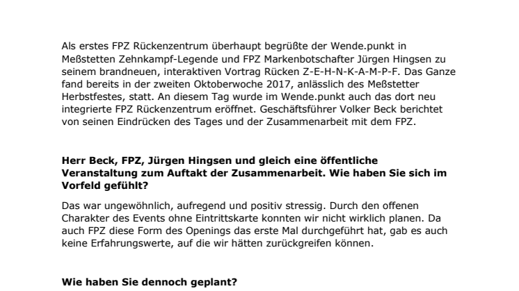 FPZ Interview mit Wende.punkt-Geschäftsführer Volker Beck: VIP-Auftaktveranstaltung für neue FPZ Rückenzentren