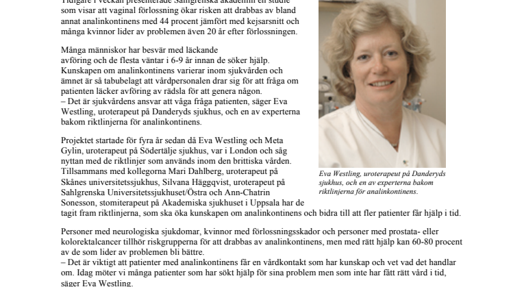 Expertgrupp lanserar riktlinjer för analinkontinens – ”Analinkontinens är så tabubelagt att många patienter inte vågar berätta om sina besvär” 