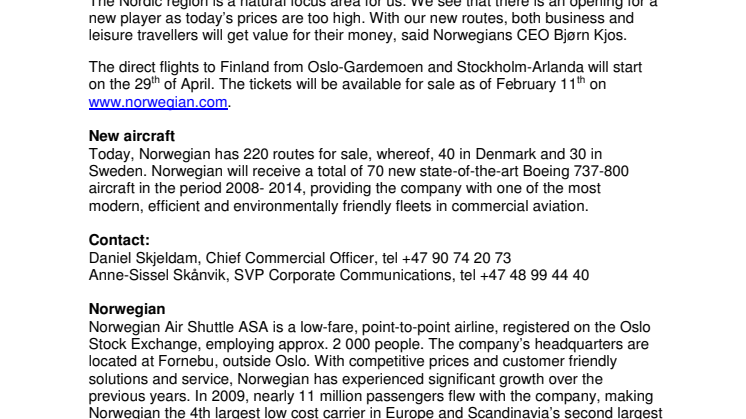 Norwegian launches direct flights to Helsinki 