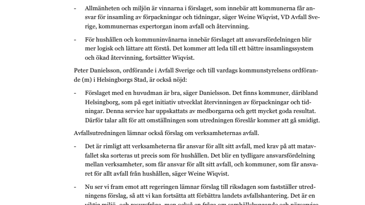 Avfallsutredningen presenteras: En bra lösning anser Avfall Sverige